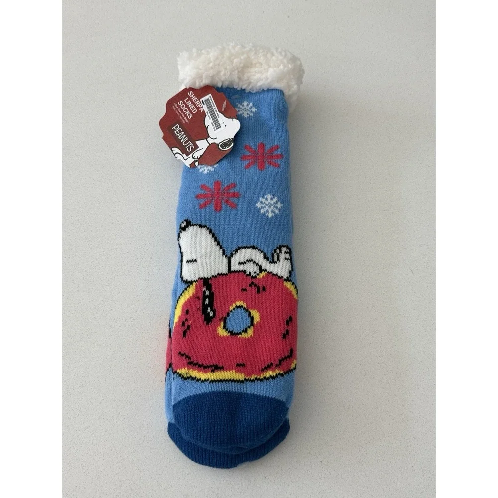 Peanuts‎ Snoopy On Donut Blue Sherpa Slipper Socks New With Tag Adult One Size